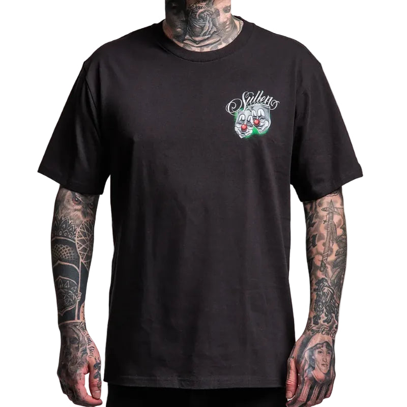 Load image into Gallery viewer, Person wearing a black shirt with a clwon mask graphic on a white background.
