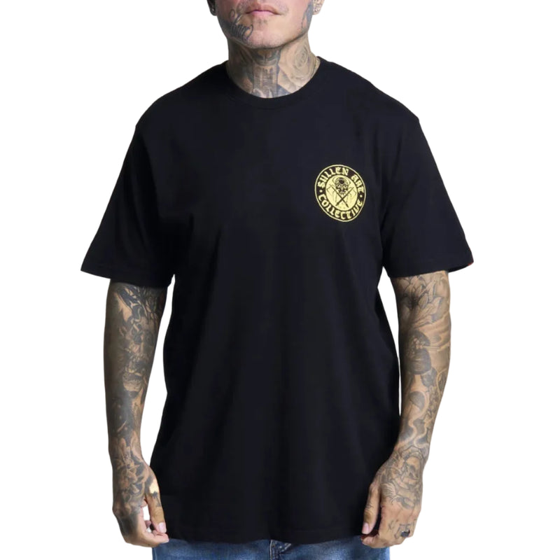 Load image into Gallery viewer, A man wearing a black short-sleeve t-shirt with a circular gold graphic on the left chest that reads 'SULLEN ART' and 'COLLECTIVE'. The photo is taken against a solid white background.
