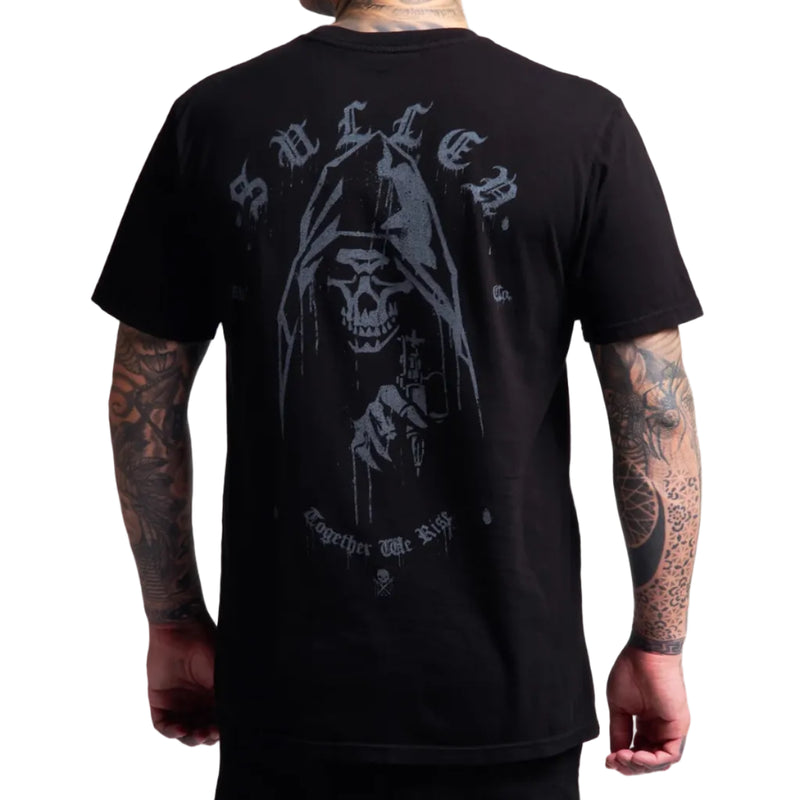 Load image into Gallery viewer, A man wearing a black t-shirt, viewed from the back. The shirt features a large distressed gray graphic of a grim reaper skull holding a gun, with the word 'SULLEN'.
