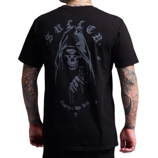 A man wearing a black t-shirt, viewed from the back. The shirt features a large distressed gray graphic of a grim reaper skull holding a gun, with the word 'SULLEN'.