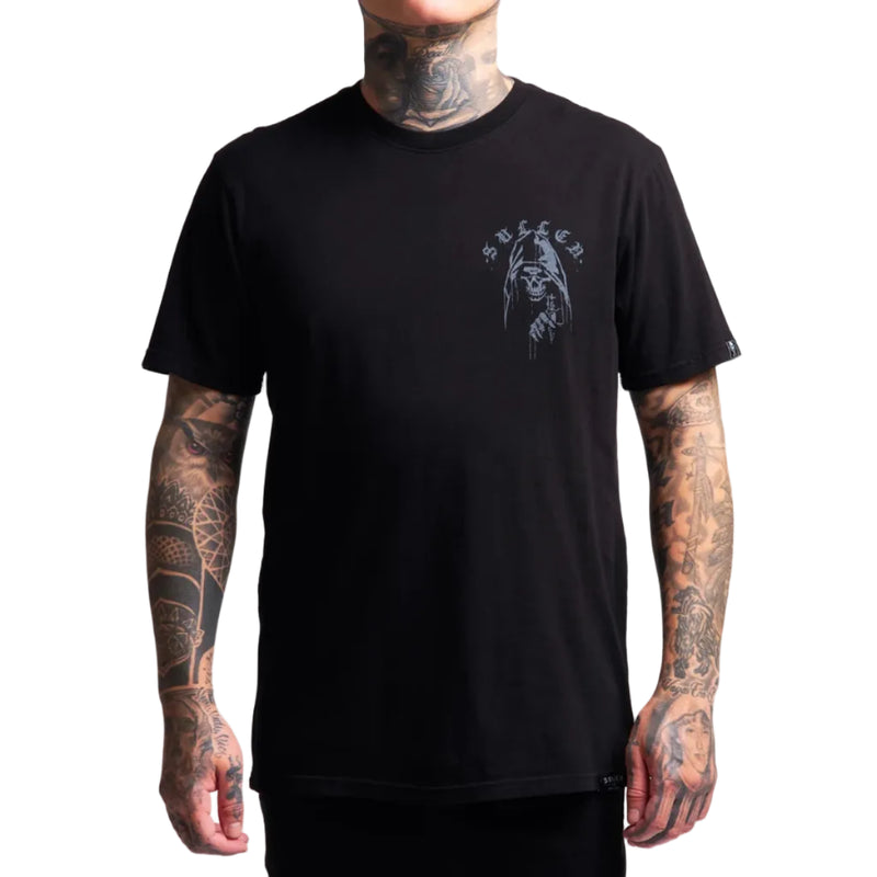 Load image into Gallery viewer, A man wearing a black short-sleeve t-shirt with a gray graphic print on the left chest. The graphic features a hooded figure and the word 'SULLEN' in a gothic font.
