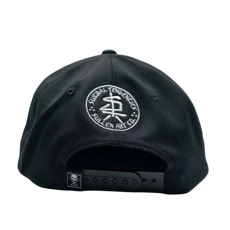 Load image into Gallery viewer, A black snapback cap shown from the back, featuring a circular white embroidered logo on the front panel and an adjustable black back strap.
