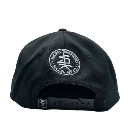 A black snapback cap shown from the back, featuring a circular white embroidered logo on the front panel and an adjustable black back strap.