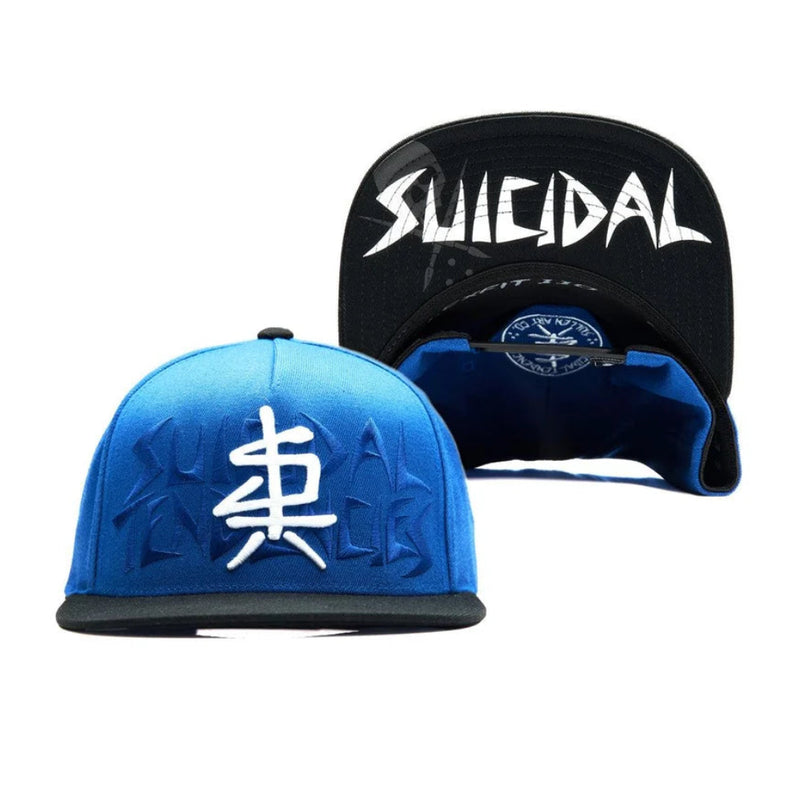 Load image into Gallery viewer, Blue and black Sullen Snapback with "SUICIDAL TENDENCIES" and their logo embroidered on the front panel.  The Undervisor also has "Suicidal" printed the the Sullen logo in the background. 
