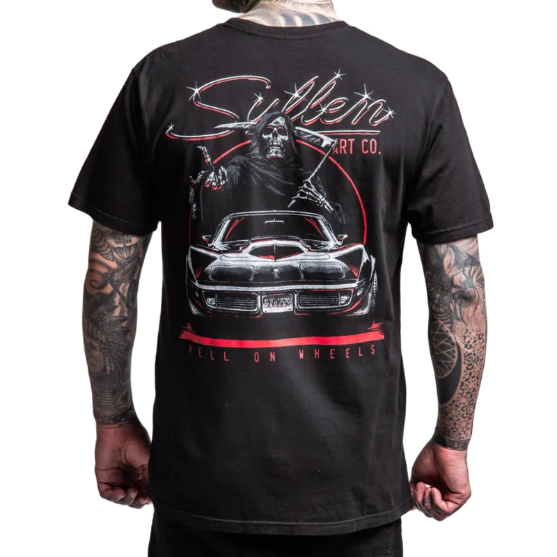 Load image into Gallery viewer, Black t-shirt with a graphic design on the back featuring a car and text, worn by a person.
