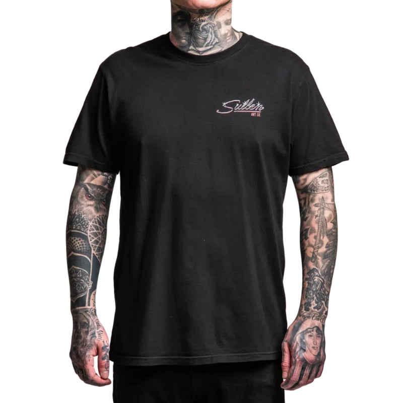 Load image into Gallery viewer, Person wearing a black t-shirt with a logo on a white background

