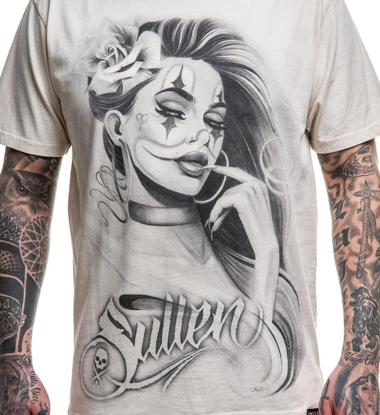 T-shirt with a graphic design of a stylized face and the word 'Sullen' on a white background.