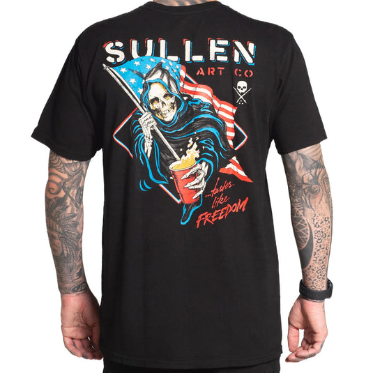 Black t-shirt with a graphic design featuring a skeleton holding an American flag and the text 'Sullen Art Co'.