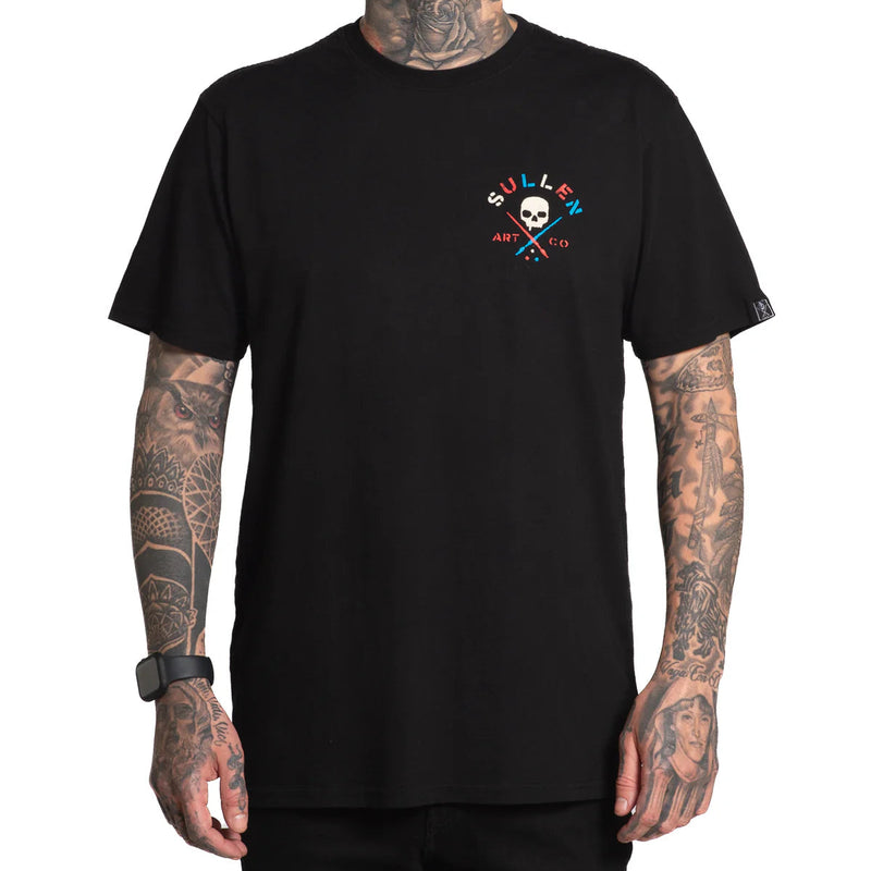 Load image into Gallery viewer, Person wearing a black t-shirt with a Sullen Red, White, &amp; Blue logo on a white background
