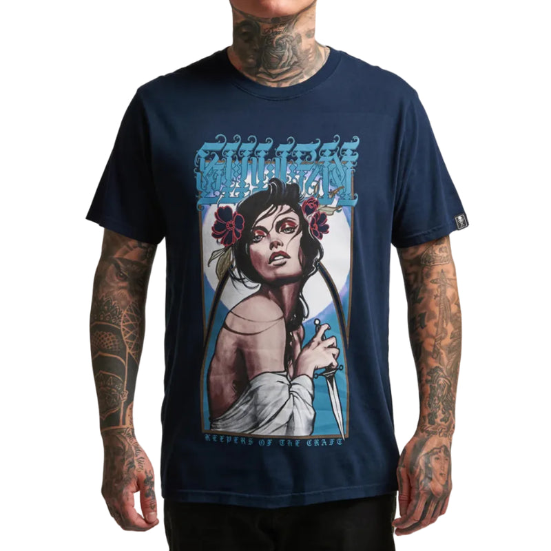 Load image into Gallery viewer, Navy blue t-shirt with graphic design of a woman holding a sword on a white background
