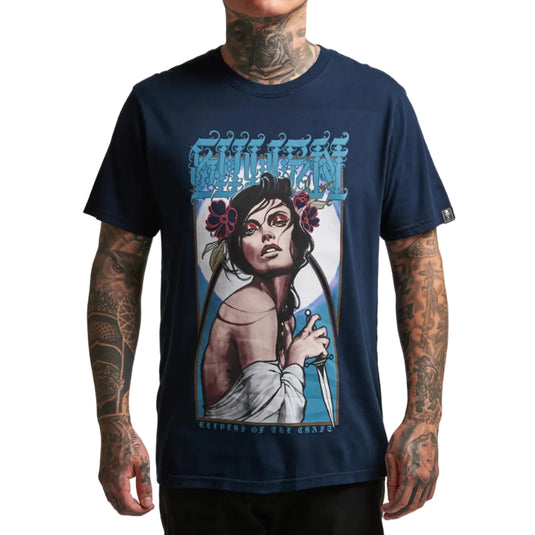 Navy blue t-shirt with graphic design of a woman holding a sword on a white background