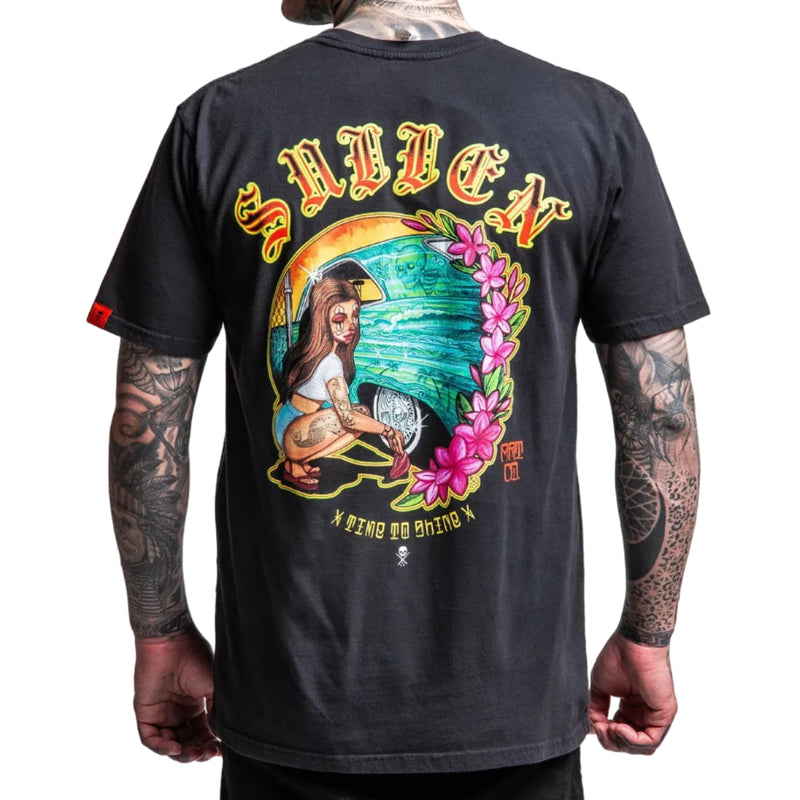 Load image into Gallery viewer, Black t-shirt with colorful graphic design on the back, featuring a tattooed woman and floral elements.
