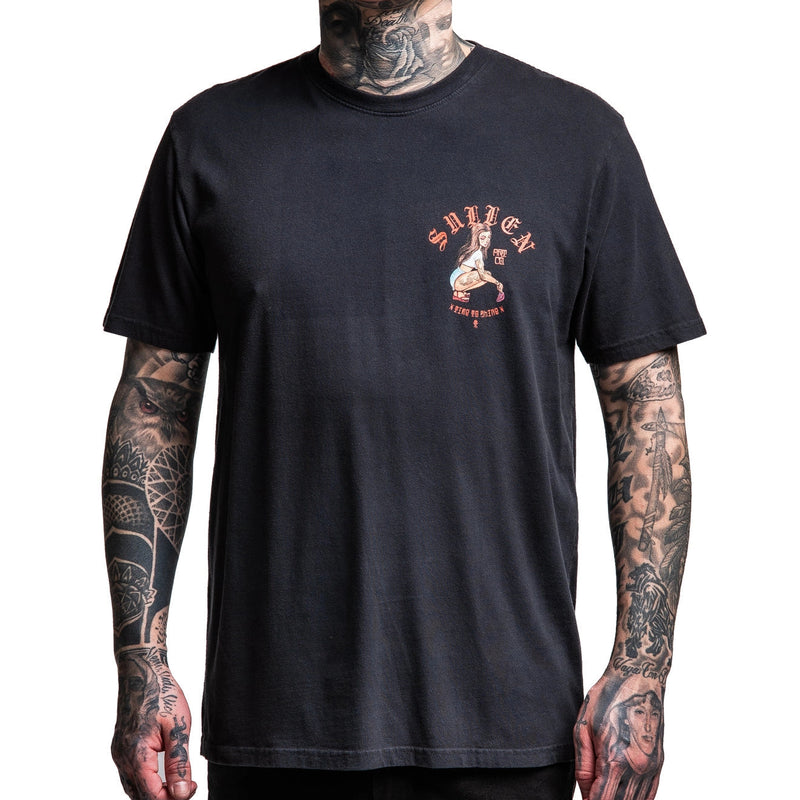 Load image into Gallery viewer, Person wearing a black t-shirt with a logo on a white background
