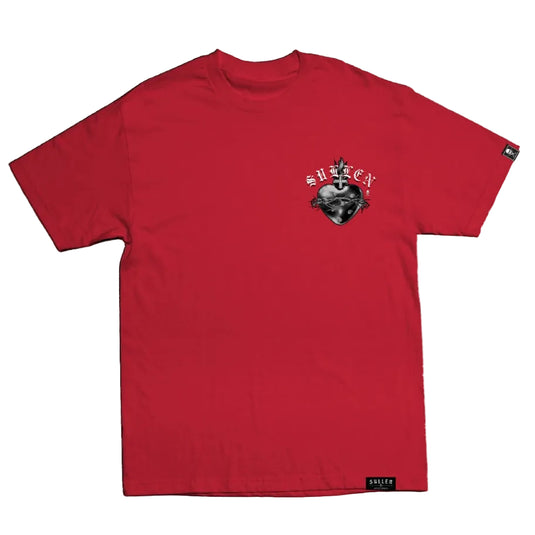 Red t-shirt with a logo on the chest against a white background