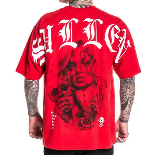 Red t-shirt with graphic design and text on a white background
