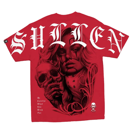 Red t-shirt with graphic design and 'Sullen' branding on a white background