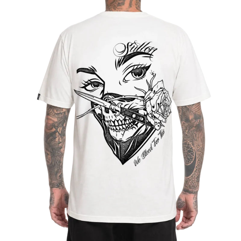 Load image into Gallery viewer, White t-shirt with black graphic design on a white background

