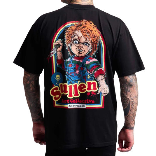 A man wearing a black t-shirt, viewed from the back. The shirt features a large graphic print of Chucky holding a knife, with 'Sullen Arts Collective' and 'Art driven 2001' written in stylized red and yellow text below.
