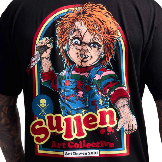 A black short-sleeve T-shirt featuring a large graphic print of Chucky holding a knife, with the text 'Sullen Art Collective' and 'Art Driven 2001' on the front.