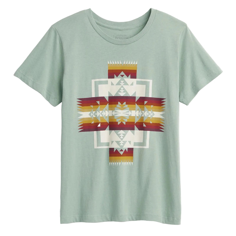 Load image into Gallery viewer, Light green short sleeve t-shirt with a time-honored geometric pattern design that pays tribute to Chief Joseph and the Nez Perce tribe. 
