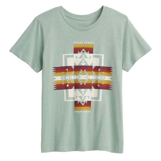 Light green short sleeve t-shirt with a time-honored geometric pattern design that pays tribute to Chief Joseph and the Nez Perce tribe. 