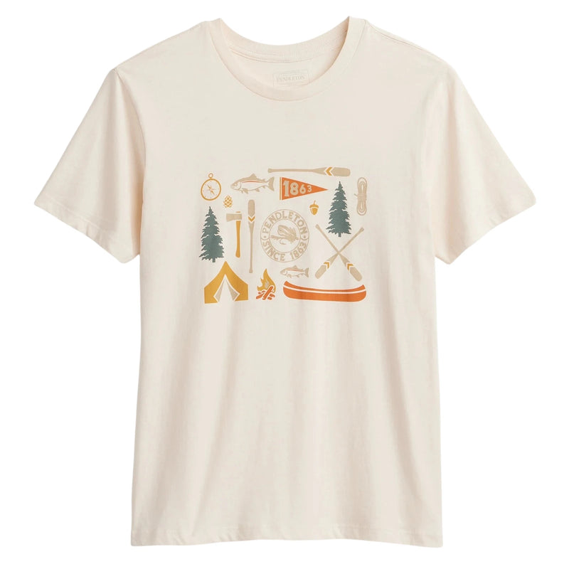 Load image into Gallery viewer, Bring Pendleton’s adventurous spirit to your everyday style with this soft, breathable cotton T-shirt in off white featuring camp-life-inspired screen-printed graphics and a heritage-inspired design. The women's relaxed fit makes it ideal for camping, travel, outdoor adventures, and comfortable weekend wear.
