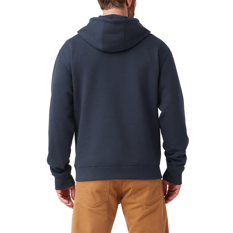 Load image into Gallery viewer, Back of model wearing a dark navy men's Dickies fleece pullover hoodie with the iconic tri-color classic horseshoe logo on the front center chest.
