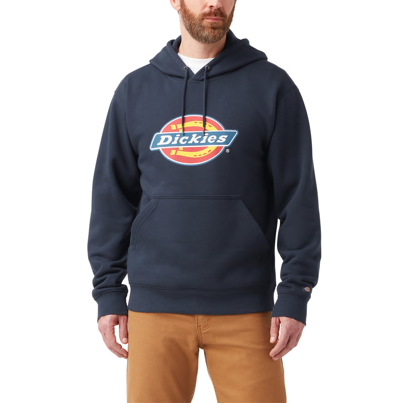 Load image into Gallery viewer, Model wearing a dark navy men's Dickies fleece pullover hoodie with the iconic tri-color classic horseshoe logo on the front center chest.
