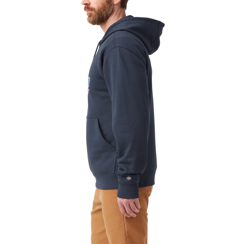 Load image into Gallery viewer, Side of model wearing a dark navy men's Dickies fleece pullover hoodie with the iconic tri-color classic horseshoe logo on the front center chest.
