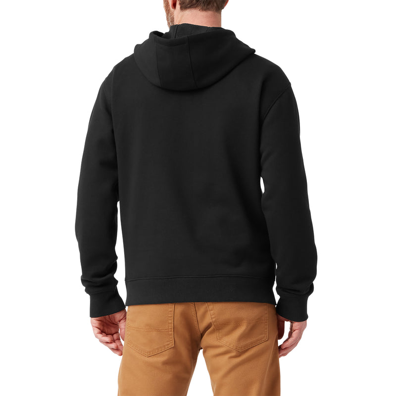 Load image into Gallery viewer, Back of model wearing a black men's Dickies fleece pullover hoodie with the iconic tri-color classic horseshoe logo on the front center chest.
