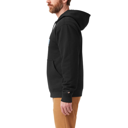 Side of model wearing a black men's Dickies fleece pullover hoodie with the iconic tri-color classic horseshoe logo on the front center chest.