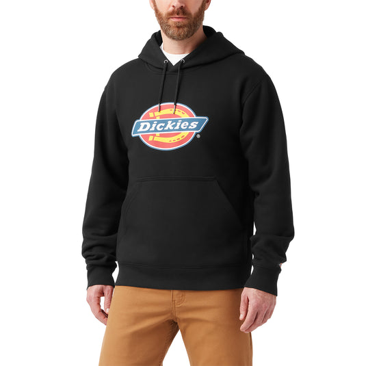 Front of model wearing a black men's Dickies fleece pullover hoodie with the iconic tri-color classic horseshoe logo on the front center chest.
