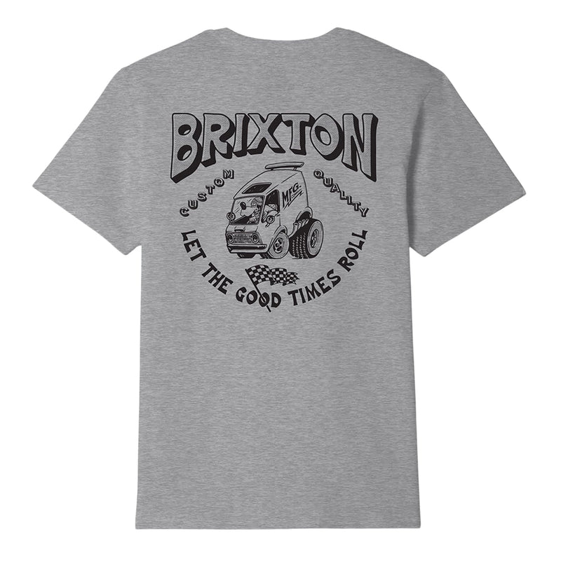 Load image into Gallery viewer, A classic, standard-fit tee built from a soft heather gray 90% cotton, 10% polyester blend that offers breathable comfort with added durability. The back features a playful Brixton van graphic with “Let the Good Times Roll,” bringing a laid-back, road-trip vibe to the look. 
