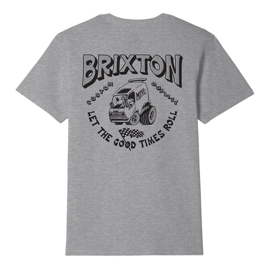 A classic, standard-fit tee built from a soft heather gray 90% cotton, 10% polyester blend that offers breathable comfort with added durability. The back features a playful Brixton van graphic with “Let the Good Times Roll,” bringing a laid-back, road-trip vibe to the look. 