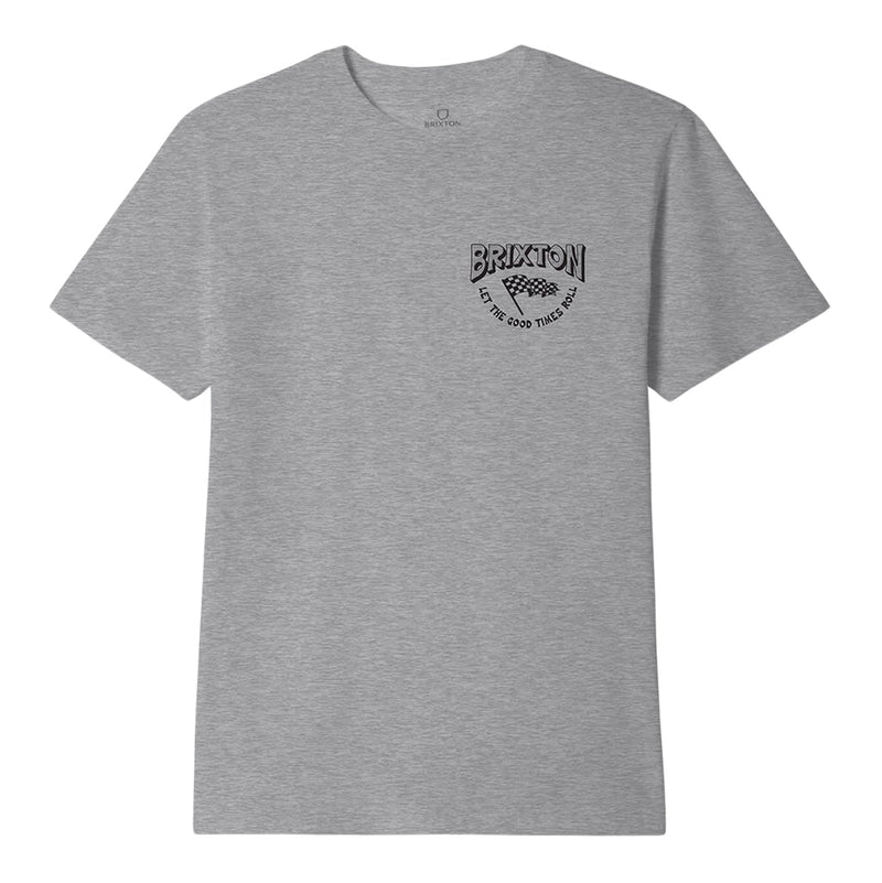 Load image into Gallery viewer, A classic, standard-fit tee built from a soft heather gray 90% cotton, 10% polyester blend that offers breathable comfort with added durability. The back features a playful Brixton van graphic with “Let the Good Times Roll,” bringing a laid-back, road-trip vibe to the look. 
