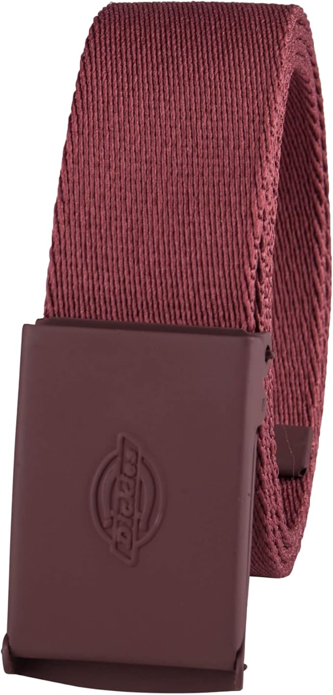 Load image into Gallery viewer, Coral canvas belt with a matte plaque Dickies buckle on a white background.
