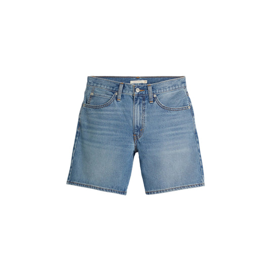 Blue denim shorts on a white background