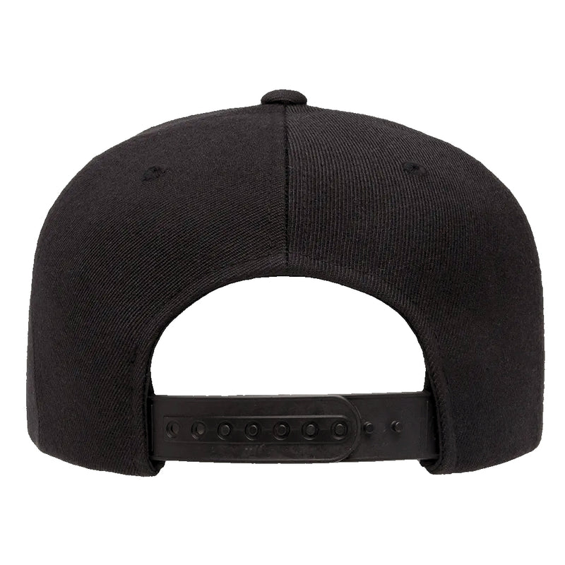 Load image into Gallery viewer, Black snapback cap with black adjustable plastic straps
