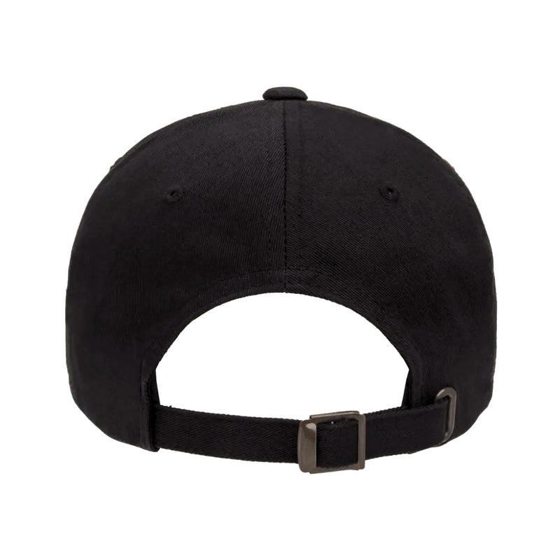 Load image into Gallery viewer, Black baseball cap with a metal buckle on adjustable strap back
