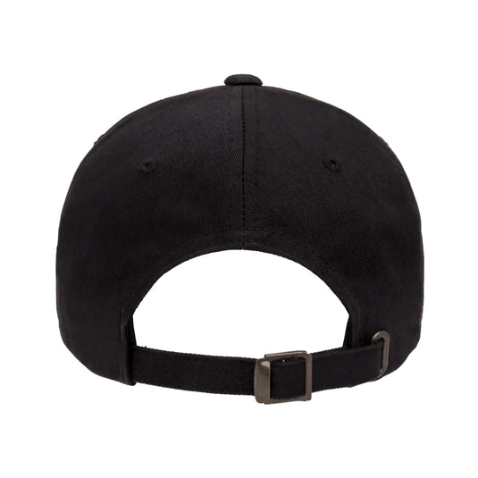 Black baseball cap with a metal buckle on adjustable strap back