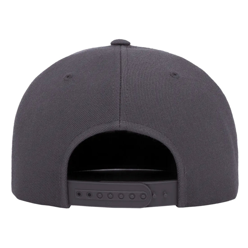 Load image into Gallery viewer, Dark charcoal gray snapback with plastic snap back closure 
