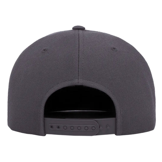 Dark charcoal gray snapback with plastic snap back closure 