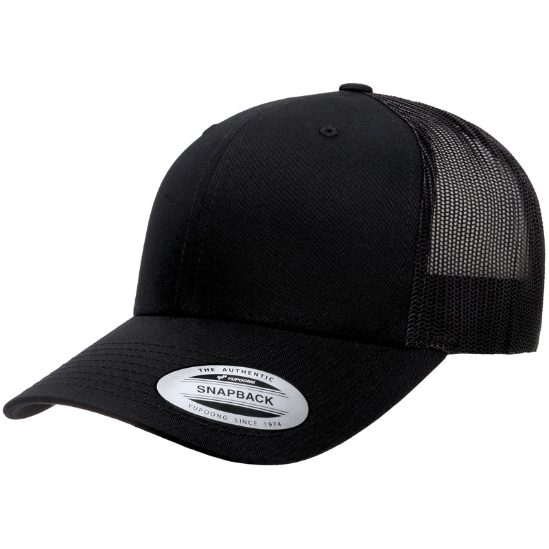 Load image into Gallery viewer, black trucker mesh cap with black mesh panels and pre-curved bill
