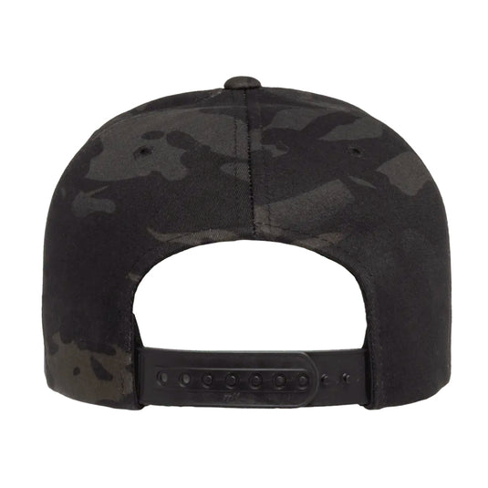 Black camouflage baseball cap with plastic snap back closure