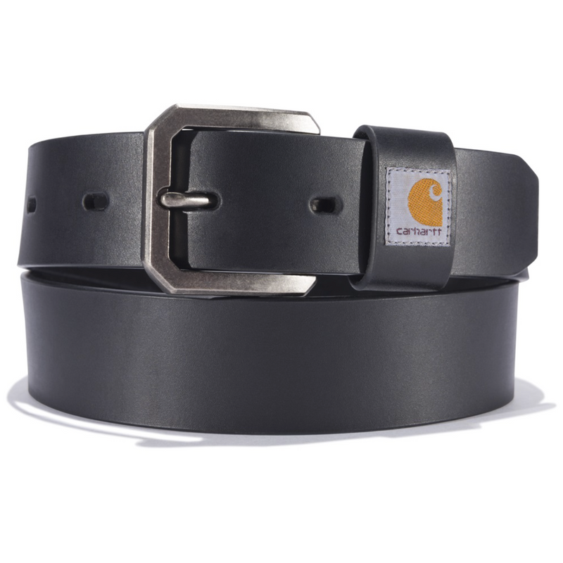 Load image into Gallery viewer, Black leather belt with a silver buckle and a Carhartt patch logo on loop.
