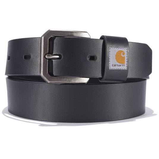 Black leather belt with a silver buckle and a Carhartt patch logo on loop.