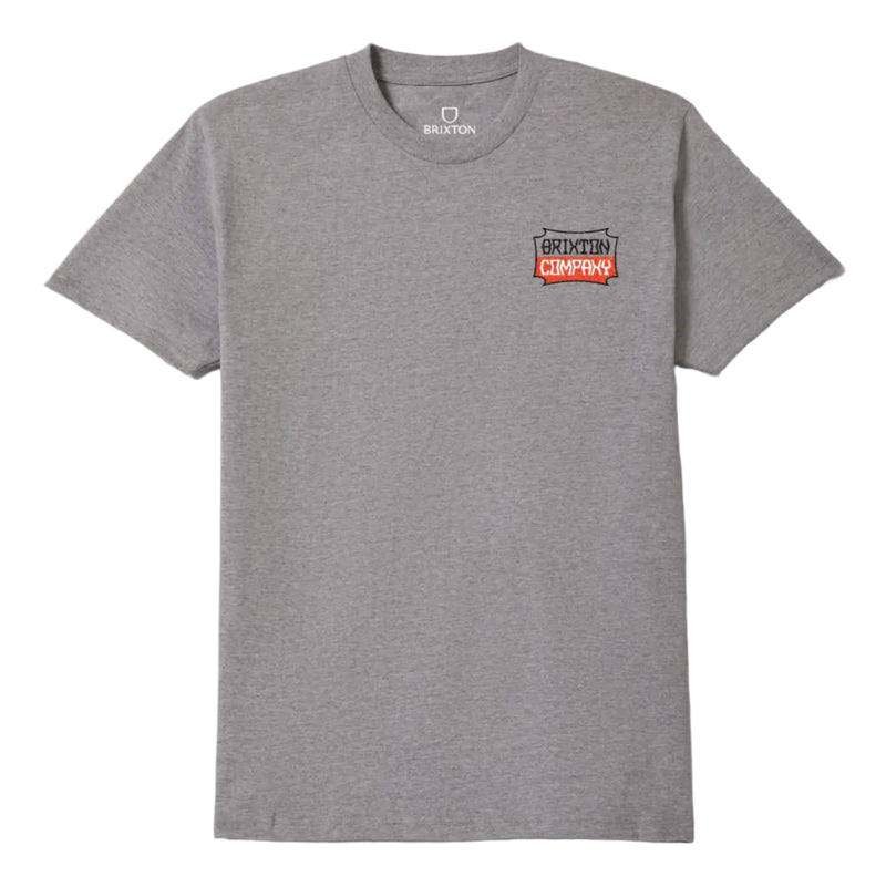 Load image into Gallery viewer, Gray t-shirt with a small "Brixton Company" logo on left chest 
