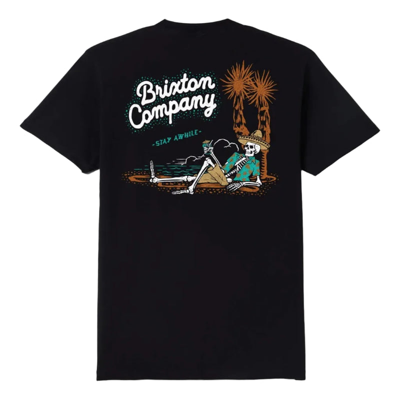 Load image into Gallery viewer, Brixton Stay Awhile T-Shirt back screenprint with distressed art that captures a laid-back, vintage western vibe with distressed screenprinted artwork featuring a vacationing skeleton relaxing under desert palms.
