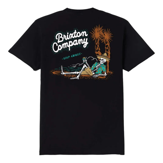Brixton Stay Awhile T-Shirt back screenprint with distressed art that captures a laid-back, vintage western vibe with distressed screenprinted artwork featuring a vacationing skeleton relaxing under desert palms.