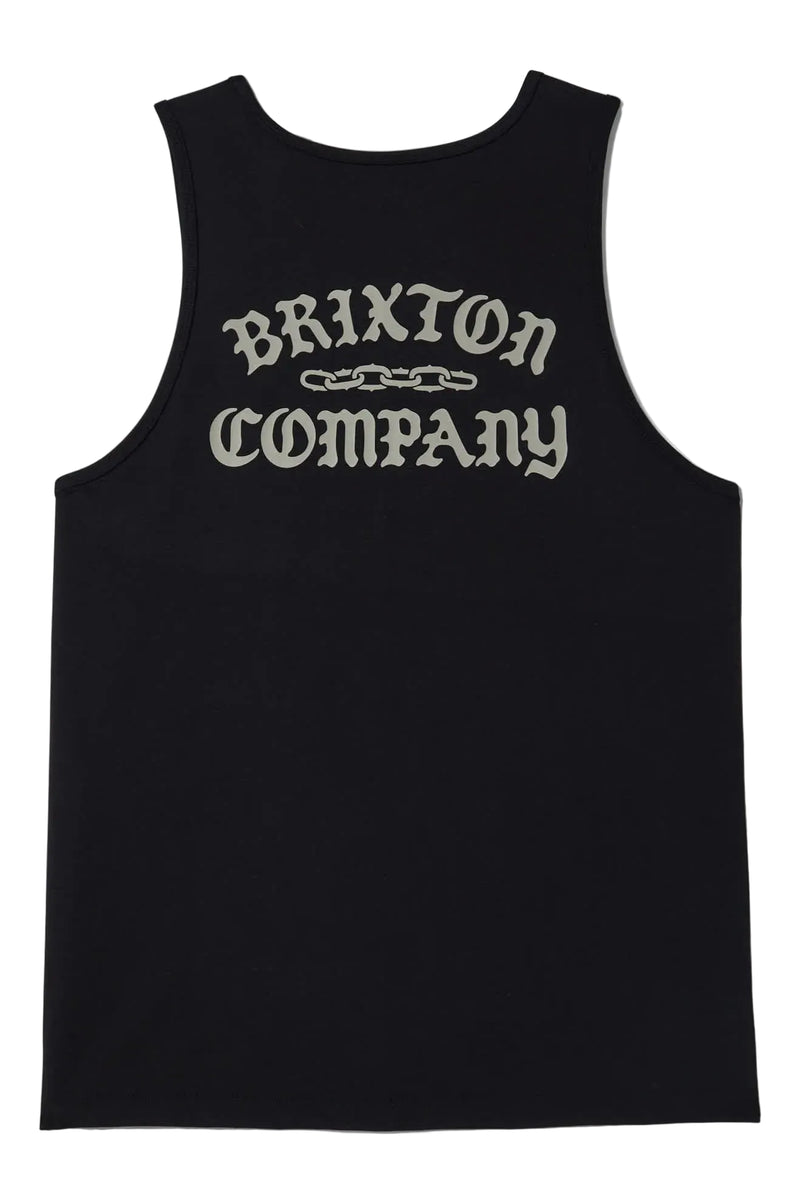 Load image into Gallery viewer, Black tank top with 'Brixton Company' logo with white chain links on the back
